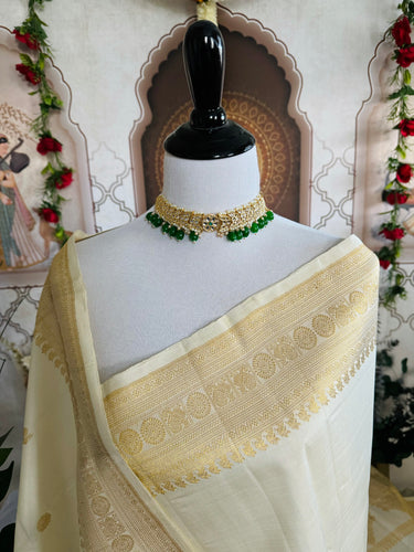 Exclusive Kanchipuram Pure Silk Saree | Off White | Ven Pattu | Pure Zari | Handwoven | Ships from California | Pushpam - ShopNaya Exclusive